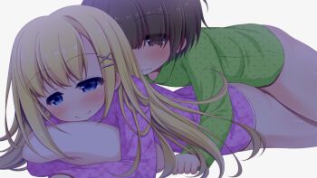 1boy 1girl aoi_aruma blonde_hair blue_eyes blush bottomless boy_on_top brown_eyes brown_hair claudia_nimbus_(jissai_no_tokoro) closed_mouth clothed_sex from_side game_cg green_pajamas grey_background hair_between_eyes hair_ornament hair_over_eyes hairclip half-closed_eyes hugging_object implied_sex jissai_no_tokoro large_variant_set long_bangs long_hair long_sleeves lying lying_on_person on_stomach pajamas pillow pillow_hug pink_pajamas polka_dot polka_dot_shirt prone_bone sex sex_from_behind shirt short_hair sidelocks simple_background smile tareme third-party_source vaginal variant_set very_long_hair x_hair_ornament yorino_shizuru_(jissai_no_tokoro)