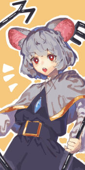 1girl animal_ears belt black_belt black_dress blush capelet crystal dress emphasis_lines grey_capelet grey_hair highres holding jewelry long_sleeves mouse_ears mouse_girl nazrin necklace oftooon open_mouth red_eyes short_hair simple_background smile solo teeth touhou upper_teeth_only yellow_background