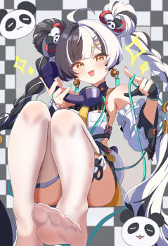 1girl absurdres armpits bare_shoulders black_hair braid braided_twintails china_dress chinese_clothes detached_sleeves dialyn_(zenless_zone_zero) dress earrings hair_ornament highres jewelry long_hair looking_at_viewer multicolored_hair necktie open_mouth solo split-color_hair thighhighs white_hair yellow_eyes yoshimurarara_0038 zenless_zone_zero