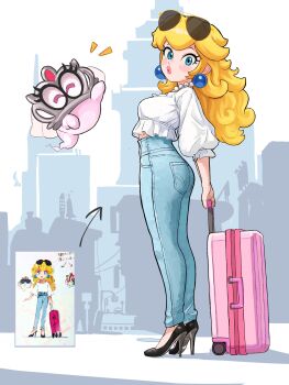 2girls ?_block absurdres alternate_costume billboard black_shoes blonde_hair blue_eyes breasts building collar denim earrings floating full_body high_heels highres jeans jewelry lips long_hair looking_at_viewer luggage_cart mario_(series) medium_breasts mineru128127 multiple_girls necklace new_donk_city nintendo pants parted_lips pearl_necklace princess_peach reference_inset shirt shoes sphere_earrings super_mario_odyssey tiara_(mario) wavy_hair white_background white_shirt worried