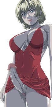 1futa bible_black blonde_hair breasts curvy dress earrings futanari huge_breasts jewelry jody_crowley large_breasts lipstick makeup necklace no_panties red_dress shin_bible_black short_hair witch