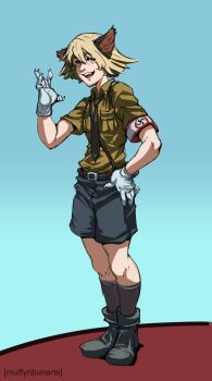 1boy animal_ears belt black_shorts black_socks blonde_hair cat_boy cat_ears claws fang fangs gloves hand_on_own_hip hellsing highres looking_at_viewer military_uniform muffynbunarts nazi schroedinger_(hellsing) sharp_teeth shorts socks solo standing swastika teeth white_gloves