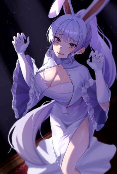 1girl absurdres animal_ears black_background blush breasts carpet claw_pose cleavage commentary_request commission covered_collarbone covered_navel dress elbow_gloves fake_animal_ears furrowed_brow gloves grey_eyes highres korean_commentary large_breasts light_particles long_hair long_sleeves looking_at_viewer mountain_range_(treerootbeard) one_ear_down open_mouth original ponytail rabbit_ears side_slit sidelocks solo standing thighs traditional_media two-sided_fabric two-sided_sleeves very_long_hair white_dress white_gloves white_hair wide_sleeves