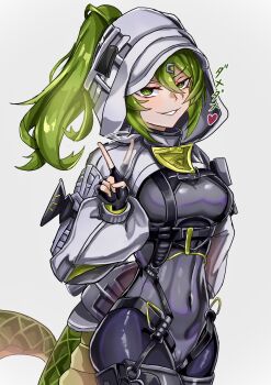 1girl arknights arknights:_endfield black_bodysuit black_gloves bodysuit commentary_request covered_navel cowboy_shot fingerless_gloves fluorite_(arknights) gloves green_eyes green_hair hair_through_hood highres hood hood_up hooded_shrug inyama_zibunnok lizard_tail looking_at_viewer motion_blur motion_lines reptile_girl shrug_(clothing) simple_background smirk solo tail wagging_finger white_background white_shrug