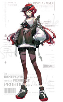 1girl absurdres barcode bare_shoulders belt belt_buckle black-framed_eyewear black_choker black_hat black_jacket black_shoes black_shorts brown_leggings buckle chinese_commentary choker closed_mouth commentary_request commission dot_nose expressionless full_body glasses green_eyes grey_sports_bra hand_in_pocket hat high-waist_skirt highres jacket leggings light_frown long_hair long_sleeves looking_at_viewer midriff miniskirt no_socks open_belt original partially_unzipped puffy_long_sleeves puffy_sleeves radio red_hair sample_watermark shanwenyufan shoes shorts shorts_under_skirt simple_background skirt sneakers solo sparkle sports_bra standing tachi-e too_many_watermarks two-tone_sports_bra very_long_hair visor_cap watermark wavy_hair white_background white_belt white_skirt white_sleeves white_sports_bra