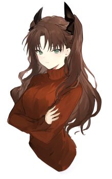 1girl black_ribbon blonde_hair brown_hair closed_mouth commentary cropped_torso crossed_arms fate/stay_night fate_(series) hair_ribbon long_hair long_sleeves looking_at_viewer lpip parted_bangs red_sweater ribbon simple_background solo sweater tohsaka_rin turtleneck turtleneck_sweater two_side_up upper_body white_background