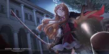 1girl 1other adapted_costume animal_ear_fluff animal_ears armor armored_gloves artist_name assassin assassin&#039;s_creed_(series) black_dress black_pantyhose blood blood_splatter bloody_weapon breastplate brown_dress brown_gloves brown_hair collared_dress commentary commission commissioner_name cowboy_shot dress dutch_angle elbow_gloves english_commentary english_text expressionless fanny_pack gloves high_collar highres holding holding_sword holding_weapon layered_dress long_hair long_sleeves looking_at_another looking_down metal_arm_cuffs neck_ribbon night outstretched_arm pantyhose raccoon_ears raccoon_girl raccoon_tail raphtalia red_dress red_eyes red_ribbon ribbon rktsm scabbard sheath short_dress sleeveless sleeveless_dress solo solo_focus striped_clothes striped_dress sword tail tate_no_yuusha_no_nariagari twitter_username two-tone_dress unsheathed vertical-striped_clothes vertical-striped_dress watermark weapon web_address white_dress