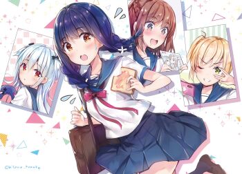 +_+ 4girls amamiya_rie bag black_socks blonde_hair blue_hair bow braid braided_base bread bread_slice breasts brown_hair brown_shoes cellphone commentary_request controller crown_braid drooling food game_controller green_eyes grin hair_bow himejoshi hisama_kumako holding holding_bread holding_controller holding_game_controller holding_phone ichijouma_mankitsu_gurashi low_twin_braids medium_breasts miniskirt morita_meiko multiple_girls nakano_neo open_mouth orange_eyes phone purple_eyes red_eyes school_bag school_uniform serafuku shoes side_ponytail side_ponytail_with_braided_base skirt smartphone smile socks suzuki_marika sweatdrop toast twin_braids twitter_username two_side_up