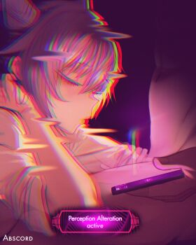 1boy 1girl abs abscord absurdres artist_name black_background blowing_candle candle chromatic_aberration closed_eyes closed_mouth collared_shirt commentary cone_hair_bun double_bun english_commentary english_text fire genshin_impact hair_bun hetero highres holding holding_phone hypnosis keqing_(genshin_impact) mind_control nude overlapped_images phone purple_hair shirt simple_background sleeves_rolled_up smoke white_shirt