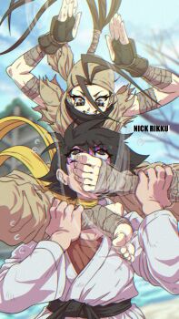 2girls antenna_hair arms_up bandaged_arm bandaged_leg bandages bandana barefoot belt black_belt black_hair bra brown_eyes dougi feet female_focus femdom fingerless_gloves gloves highres ibuki_(street_fighter) karate_gi leg_grab leg_lock makoto_(street_fighter) multiple_girls neck_ribbon nickrikku ninja ponytail red_bra ribbon scarf short_hair smelling smelling_feet street_fighter street_fighter_iii_(series) tomboy torn_clothes underwear