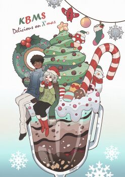 2boys absurdres bags_under_eyes black_eyes black_hair blue_eyes boots candy candy_cane christmas christmas_tree christmas_wreath cup curly_hair dark-skinned_male dark_skin drink dungeon_meshi elf food goat_(dungeon_meshi) grey_hair hakukanmou highres holding holding_cup kabru lazy_eye long_sleeves male_focus mini_person miniboy mithrun multiple_boys notched_ear pants parfait pointy_ears short_hair snowflakes star_(symbol) sweater uneven_eyes walking_mushroom_(dungeon_meshi) wreath