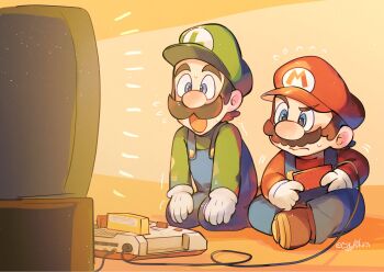2boys blue_eyes blue_overalls brothers closed_mouth commentary controller facial_hair famicom flying_sweatdrops game_console game_controller gloves green_hat hanaon hat highres holding holding_controller holding_game_controller luigi male_focus mario mario_(series) multiple_boys mustache nintendo open_mouth overalls playing_games red_hat siblings simple_background sitting sweat symbol-only_commentary white_gloves