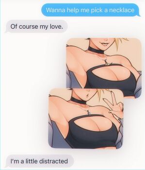 1girl akali bare_shoulders black_choker blonde_hair breasts chat_log choker cleavage crop_top english_text goku_inu_go_kuken grin highres jewelry k/da_(league_of_legends) k/da_all_out_akali league_of_legends lips medium_breasts meme necklace smile text_messaging the_baddest_akali w wanna_help_me_pick_a_necklace?_(meme)