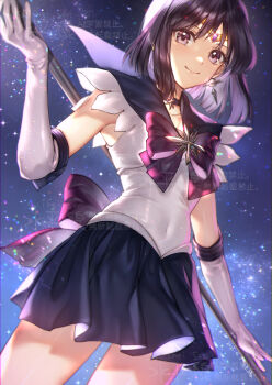1girl bishoujo_senshi_sailor_moon black_hair brooch choker gloves highres jewelry purple_eyes purple_sailor_collar purple_skirt sailor_collar sailor_saturn sailor_senshi sailor_senshi_uniform short_hair silence_glaive skirt solo star_(symbol) star_brooch star_choker suihei_sen tomoe_hotaru white_gloves