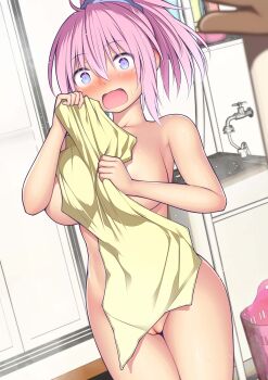 1boy 1girl absurdres aoba_(kancolle) blue_eyes blush breasts commentary_request completely_nude embarrassed hair_between_eyes hair_ornament hair_scrunchie highres holding holding_towel indoors kantai_collection kuromayu large_breasts looking_at_viewer nude open_mouth pink_hair ponytail pov pussy scrunchie solo_focus tears textless_version towel wet wet_hair