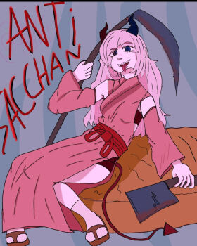 Rule 34 | anti-version, axe, blood, dangerous woman, demon girl, demon horns, demon tail, highres, horns, isekai shikkaku, kimono partially removed, sacchan (isekai shikkaku), sythe, tail