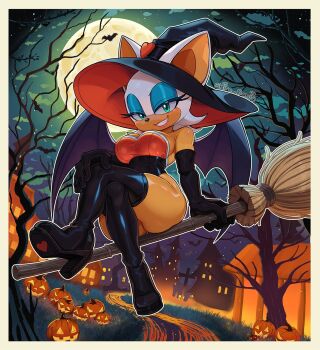 1girl alternate_costume animal_ears animal_nose artist_name bare_shoulders bare_tree bat_(animal) bat_ears bat_girl bat_wings black_gloves blue_eyeshadow boots border breasts broom broom_riding castle commentary crossed_legs elbow_gloves english_commentary eyeshadow full_body full_moon furry furry_female gloves grass green_eyes grin half-closed_eyes halloween halloween_costume hat high_heel_boots high_heels highres jack-o'-lantern large_breasts leotard looking_at_viewer makeup moon night outdoors outline outside_border pumpkin rouge_the_bat shiny_clothes shirogahara sidesaddle sitting sky smile solo sonic_(series) star_(sky) strapless teeth thigh_boots thighhighs tree twitter_username white_border white_hair white_outline wings witch witch_hat