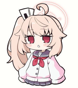 1girl :&lt; ahoge blue_archive blush_stickers cardigan chibi grey_sailor_collar grey_skirt halo long_sleeves miranofuudoria natsu_(blue_archive) neckerchief parted_lips pink_hair pleated_skirt puffy_long_sleeves puffy_sleeves red_eyes red_neckerchief sailor_collar side_ponytail simple_background skirt sleeves_past_fingers sleeves_past_wrists solo triangle_mouth white_background white_cardigan