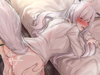 1boy 1girl absurdres animal_ears anus ass bar_censor blush borrowed_character bottomless censored commentary_request commission couple cum cum_in_pussy cum_on_ass cum_on_body cum_on_penis cum_overflow doggystyle dress_shirt dutch_angle erection fox_ears fox_girl fox_tail grabbing_another&#039;s_ass grabbing_from_behind groping hair_spread_out half-closed_eyes hetero highres indoors jewelry long_hair looking_at_viewer looking_back naked_shirt nose_blush on_bed open_mouth original penis pussy red_eyes ring saliva sex sex_from_behind shirt shitsugaikotsu skeb_commission solo_focus steam sweat tail tail_raised textless_version vaginal wedding_ring white_hair white_tail