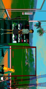 1girl absurdres ankle_socks black_eyes black_hair black_ribbon blue_sky chinese_commentary city closed_mouth collared_shirt commentary_request day expressionless eyelashes flower flower_pot full_body grey_skirt hanging_plant high-waist_skirt highres hill holding holding_flower_pot knees looking_at_viewer miniskirt neck_ribbon original outdoors pink_flower plant pleated_skirt potted_plant purple_flower red_flower ribbon school_uniform shelf shirt shoes short_hair sideways_glance skirt sky socks solo swing_set watermark weibo_watermark white_shirt white_shoes white_socks zhu_timu