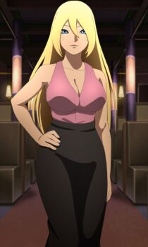 Rule 34 | 1girl, anime screenshot, bare shoulders, blonde hair, blue eyes, boruko, boruto: naruto next generations, breasts, cleavage, closed mouth, genderswap, hair between eyes, hand on own hip, highres, large breasts, long hair, looking at viewer, naruto (series), sexy no jutsu, smile, source request, tagme, uzumaki boruto