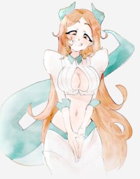 1girl bleach bleach:_sennen_kessen-hen breasts cleavage cleavage_cutout clothing_cutout dragon_horns dragon_tail female_focus hair_ornament horns inoue_orihime long_hair orange_hair tagme tail