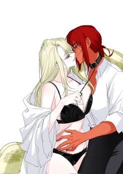 2girls black_bra black_panties black_pants blonde_hair blue_eyes bra breasts cleavage collar collared_shirt commentary commentary_request english_commentary half-closed_eyes hand_on_another&#039;s_waist highres holding holding_leash imminent_kiss korean_commentary large_breasts leash long_hair mixed-language_commentary mole mole_on_breast multiple_girls open_clothes open_shirt original panties pants parted_lips ponytail red_hair red_skirt scar scar_on_stomach shirt simple_background skirt smile snake_tail snapagi tail underwear white_background white_shirt yuri