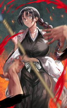 1girl black_hair black_kimono blank_censor bleach bleach:_sennen_kessen-hen blood blood_on_face blood_splatter braid braided_ponytail breasts censored daraz glasses grey_eyes haori highres holding holding_polearm holding_weapon japanese_clothes katori_batsuunsai kimono large_breasts long_hair looking_at_viewer polearm round_eyewear severed_arm severed_limb shinigami solo_focus taichou_haori weapon wide_sleeves zanpakutou