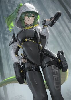 1girl absurdres arknights arknights:_endfield bodysuit commentary covered_navel cowboy_shot double-parted_hair endfield_industries_logo english_commentary fluorite_(arknights) green_hair green_tail grey_bodysuit gun hair_through_hood hand_on_own_hip handgun harness highres holding holding_gun holding_weapon hood hood_up hooded_shrug looking_at_viewer ponytail shrug_(clothing) smile snake_girl snake_tail solo tail trigger_discipline weapon white_shrug xerbatt