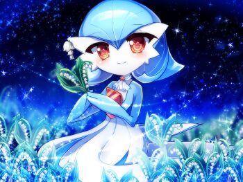 Rule 34 | 1girl, alternate color, alternate hairstyle, ascot, blue background, blue hair, blue skin, blue sky, blue theme, blurry, blurry background, blush, chisen maimai, closed mouth, colored skin, depth of field, earrings, female focus, field, flat chest, flower, flower earrings, flower field, gardevoir, gen 3 pokemon, hair between eyes, hands up, happy, holding, holding flower, jewelry, libra (symbol), lily of the valley, looking at viewer, multicolored skin, night, nintendo, on ground, orange eyes, outdoors, own hands together, pokemon, pokemon (creature), shiny pokemon, short hair, sitting, sky, smile, solo, sparkle, split mouth, star (sky), star (symbol), starry sky, symbol-shaped pupils, two-tone skin, white ascot, white flower, white skin