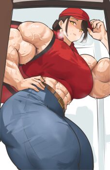 Rule 34 | 1girl, abs, baseball cap, belt, blue pants, breasts, brown belt, brown hair, commentary, crop top, doorway, hair bun, hand on own hip, hat, highres, huge breasts, midriff, mole, mole under mouth, musctonk, muscular, muscular female, original, pants, pov doorway, red hat, red shirt, shirt, single hair bun, sleeveless, sleeveless shirt, smile, solo, sweat, tall female, thick thighs, thighs, veins, veiny arms, yellow background