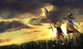 1boy 1girl absurdres arm_up blue_hair braid brown_hair casting_spell cloud cloudy_sky crystalmoonlitt from_behind grass hat highres mage_staff mushoku_tensei outdoors roxy_migurdia rudeus_greyrat sky staff sunset twin_braids witch_hat