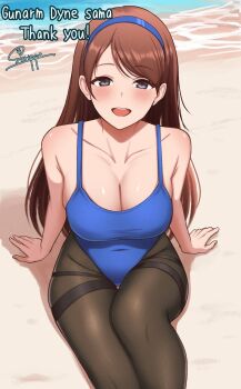 Rule 34 | 1girl, beach, blue hairband, blue one-piece swimsuit, blush, breasts, brown hair, commentary request, commission, commissioner upload, dyana (gunarmdyne), feet out of frame, grey eyes, hairband, highres, long hair, ocean, one-piece swimsuit, original, pantyhose, pantyhose under swimsuit, sand, signature, sitting, skeb commission, smile, solo, surippa1010, swimsuit, thighs