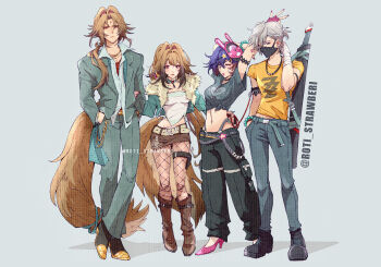 Rule 34 | 2boys, 2girls, alternate costume, animal ear piercing, aqua nails, arm hug, belle (zenless zone zero), belted skirt, black pants, black shoes, blue hair, boots, bracelet, brother and sister, brown boots, brown hair, brown skirt, brown tail, closed mouth, collarbone, commentary, crop top, droopy ears, earclip, earrings, english commentary, facial mark, fingerless gloves, fingernails, fishnet pantyhose, fishnets, forehead mark, formal clothes, full body, fur-trimmed jacket, fur trim, gloves, green eyes, green jacket, green suit, grey background, grey hair, hair between eyes, hair ornament, half-closed eyes, hand on another's waist, hands in pockets, holding, holding behind back, holding leash, holding weapon behind back, jacket, jewelry, knife sheath, leash, long fingernails, long hair, looking at viewer, mask, mask on head, midriff, mouth mask, multiple boys, multiple girls, navel, necklace, one eye closed, pants, pantyhose, parted lips, pendant collar, print shirt, purple gloves, purple shoes, red eyes, red lips, red nails, roti strawberi, sheath, shirt, shoes, short hair, siblings, skirt, star (symbol), star hair ornament, stretching, suit, thigh strap, tied shirt, twitter username, w, white shirt, wise (zenless zone zero), ye shiyuan, ye shunguang, yellow shirt, zenless zone zero