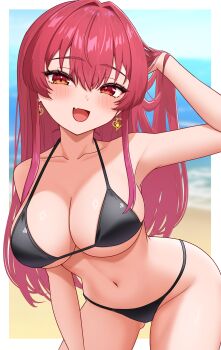 1girl :d absurdres bikini black_bikini blue_sky breasts cleavage cowboy_shot day hair_down halterneck heterochromia highres hololive houshou_marine large_breasts long_hair looking_at_viewer navel ocean open_mouth outdoors red_eyes red_hair sky smile solo string_bikini swimsuit very_long_hair virtual_youtuber yellow_eyes zakitaku8311