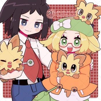 Rule 34 | 1boy, 1girl, :d, belt, bianca (pokemon), black belt, black hair, blonde hair, blue eyes, blue pants, blush stickers, bow, cheren (pokemon), closed mouth, collared shirt, commentary request, eyelashes, gen 5 pokemon, glasses, green bag, green eyes, green hat, hat, hat bow, holding, holding pokemon, jacket, lillipup, long sleeves, looking at another, necktie, nintendo, on head, open clothes, open jacket, open mouth, orange jacket, pandakokkopanda, pants, pokemon, pokemon (creature), pokemon bw2, pokemon on head, red-framed eyewear, red necktie, shirt, short hair, smile, teeth, upper teeth only, white bow, white shirt