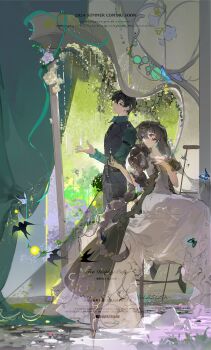 1boy 1girl absurdres bird black_hair black_necktie black_pants black_shoes black_vest brown_eyes brown_hair bug butterfly character_request chinese_commentary closed_mouth collared_shirt commentary_request commission copyright_request curtains dress earrings flower frills green_eyes green_shirt hair_between_eyes hand_on_own_chest hand_up harp high_heels highres insect instrument jewelry lapels long_hair long_sleeves necktie notched_lapels oc_x_canon pants plaid_clothes plaid_necktie rose shirt shoes short_hair sitting square_neckline vest watermark white_dress white_flower white_rose xixun