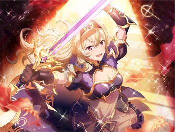1girl armor black_gloves breasts brown_hair cleavage floating_hair game_cg gloves hairband holding holding_sword holding_weapon long_hair looking_at_viewer medium_breasts official_art open_mouth purple_eyes saijou_claudine short_sleeves shoujo_kageki_revue_starlight shoujo_kageki_revue_starlight_-re_live- solo sparkle spotlight standing sword upper_body v-shaped_eyebrows wavy_hair weapon