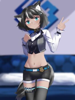 1girl animal_ears belly belt blue_eyes commission couch dog_ears dog_girl dog_tail fangsie_fido highres indoors knee_up knees_up looking_at_viewer magnifying_glass navel pants shorts solo standing table tail thighhighs thighs v variance_project virtual_youtuber