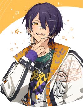 1boy animal_print bandaid bandaid_on_face bandaid_on_nose commentary ear_piercing ensemble_stars! fingernails grey_hair hair_over_one_eye hand_up headset highres jacket jewelry layered_clothes leopard_print long_sleeves looking_at_viewer male_focus multicolored_hair necklace official_alternate_costume open_clothes open_jacket open_mouth orange_eyes piercing purple_hair rifuru ring sengoku_shinobu short_hair smile solo star_(symbol) streaked_hair symbol-only_commentary teeth twitter_username two-tone_hair upper_body upper_teeth_only v watermark