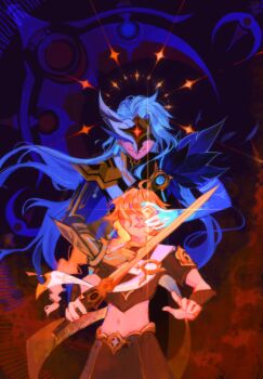 2boys aether_(genshin_impact) ahoge arm_armor armor artist_name baggy_pants black_mask black_shirt blonde_hair blue_gem blue_hair blue_skin braid brown_pants brown_shirt colored_skin commentary covered_eyes cowboy_shot crescent dark_background dottore_(genshin_impact) dottore_(heretic_of_the_false_moon)_(genshin_impact) earrings english_commentary eye_mask floating_clothes floating_hair gem genshin_impact glowing glowing_eye gold_trim hair_between_eyes hair_over_one_eye hand_on_another's_face highres holding holding_sword holding_weapon jewelry lips long_hair long_sleeves looking_at_viewer low-braided_long_hair low-tied_long_hair maikol_with_a_b male_focus mask midriff multiple_boys navel open_mouth pants scarf shirt short_sleeves shoulder_armor sidelocks single_braid single_earring smile standing star_(symbol) sword tassel teeth wavy_hair weapon white_scarf yellow_eyes