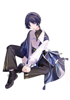 Rule 34 | 1boy, :p, absurdres, adapted costume, bell-bottoms, black pants, black shirt, black shoes, blue hair, blue jacket, chinese commentary, closed mouth, collared shirt, commentary request, cross-laced shoes, dress shoes, eyeliner, full body, genshin impact, gold buttons, gold necklace, hands on own foot, happy, head tilt, highres, jacket, jacket partially removed, jewelry, knee up, layered shirt, long sleeves, looking at viewer, makeup, male focus, necklace, no headwear, pants, puffy long sleeves, puffy sleeves, purple eyes, red eyeliner, scaramouche (genshin impact), shanwenyufan, shirt, shoes, short hair, simple background, sitting, smile, solo, tongue, tongue out, turtleneck, turtleneck shirt, wanderer (genshin impact), white background, white shirt