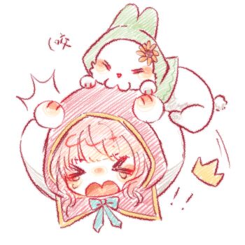 ! !! &gt;_&lt; 1girl ^^^ animal blue_bow blunt_bangs bow bowtie chibi chinese_commentary cloak clothed_animal commentary_request cropped_torso crown ear_covers flower green_cloak hair_ornament hands_on_own_head hat_loss highres hood hood_up hooded_cloak infinity_nikki light_blush long_sleeves mini_crown momo_(nikki) motion_lines nikki_(nikki) nikki_(series) open_mouth pink_cloak pink_hair shiguangbulao277 shirt short_hair sidelocks simple_background sunflower tearing_up wavy_hair white_background white_rabbit_(animal) white_shirt yellow_crown yellow_flower