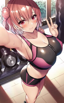 1girl alternate_breast_size_(larger) armpits ass bare_shoulders black_footwear blush breasts bursting_breasts cleavage closed_mouth dumbbell from_above hair_bun highres huge_breasts indoors large_breasts looking_at_viewer navel outstretched_arm pink_eyes pink_hair punching_bag selfie short_hair short_shorts shorts side_bun single_hair_bun single_side_bun smile solo sports_bra standing sweat tile_floor tiles v window xe_(execut3r) yahari_ore_no_seishun_lovecome_wa_machigatteiru. yuigahama_yui zipper zipper_pull_tab