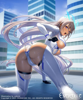 1girl all_fours artist_name ass ass_cutout black_gloves bodysuit breasts cityscape clothing_cutout commentary_request copyright_notice cuboon elmina_(evertale) english_text evertale gloves grey_hair hair_between_eyes highres labia_slip large_breasts logo long_hair looking_at_viewer lying on_bed open_mouth pointy_ears purple_eyes revealing_clothes skindentation solo sweat underboob underboob_cutout white_bodysuit