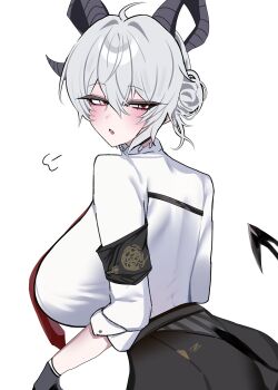 1girl alternate_hairstyle armband ass black_armband black_gloves black_horns black_pants black_tail commentary_request curled_horns demon_tail dos_dos121 from_behind gloves grey_hair highres horns looking_back open_mouth pants shirt_tucked_in simple_background solo tail tight_clothes tight_pants white_background wuthering_waves zani_(wuthering_waves)