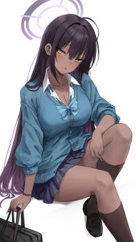 1girl absurdres black_hair black_skirt blue_archive blue_bow blue_bowtie blue_cardigan bow bowtie breasts cardigan cleavage commentary_request gabang halo highres karin_(blue_archive) karin_(school_uniform)_(blue_archive) large_breasts long_hair looking_at_viewer purple_halo simple_background skirt solo white_background yellow_eyes