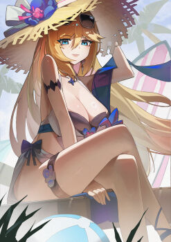 1girl bikini black_bikini blonde_hair blue_eyes breasts chunidoor cleavage commentary_request crossed_legs durandal_(honkai_impact) eyewear_on_head hat highres honkai_(series) honkai_impact_3rd large_breasts long_hair looking_at_viewer sitting smile solo straw_hat sunglasses swimsuit thigh_strap thighs very_long_hair