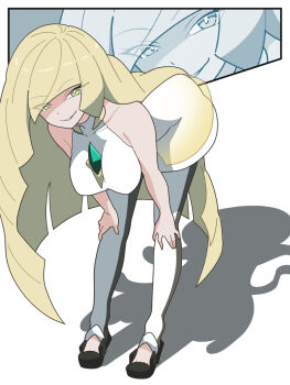 Rule 34 | 1girl, alternate breast size (larger), bare shoulders, bent over, black leggings, black shoes, blonde hair, breasts, collarbone, commentary request, diamond (shape), dress, full body, gem, gen 7 pokemon, green eyes, green gemstone, hair over one eye, hand on own knee, highres, kanbei (pixiv11037490), large breasts, leggings, long hair, looking at viewer, lusamine (pokemon), mature female, multicolored leggings, nihilego, nintendo, pants, parted lips, pokemon, pokemon (creature), pokemon sm, shadow, shoes, sleeveless, sleeveless dress, smile, swept bangs, two-tone leggings, two-tone legwear, ultra beast, very long hair, white dress, white leggings, white pants