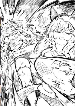 2girls afterimage animal_ears arms_up buruma closed_eyes commentary_request ear_covers falling gentildonna_(umamusume) gym_shirt gym_uniform hand_on_own_head highres horse_ears horse_girl horse_tail hyokun1004 korean_commentary long_hair meme monochrome motion_lines multiple_girls naoya_hitting_choso_without_looking_(meme) open_mouth shirt short_sleeves tail thighhighs umamusume v-shaped_eyebrows verxina_(umamusume)